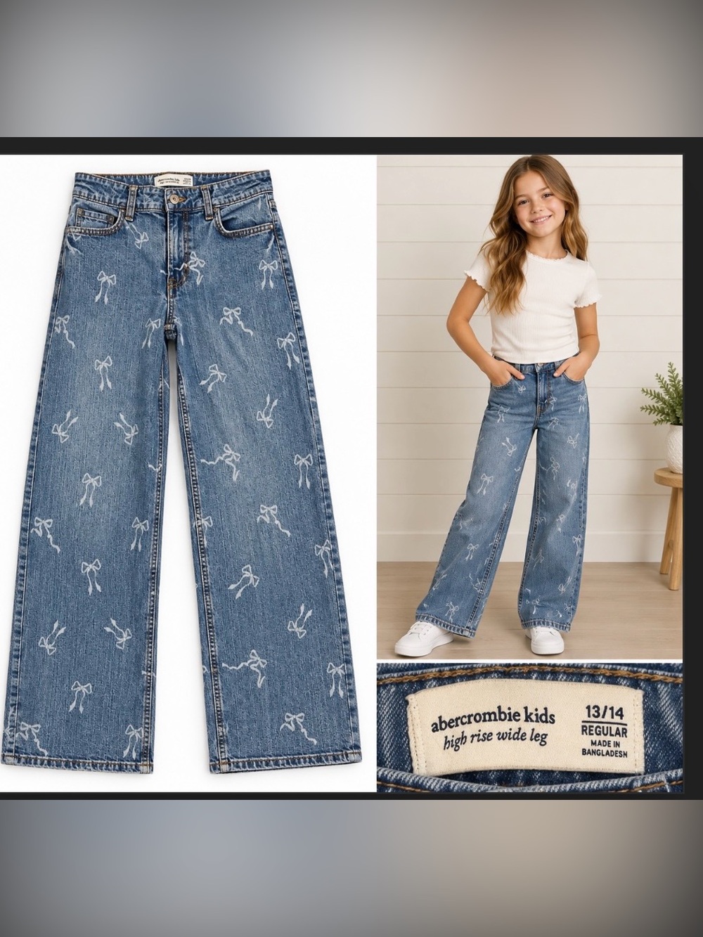 abercrombie kids Denim Wide-Leg Jeans with White Bow Print